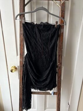 Cider Black Lace Strapless Draped Bodice Dress